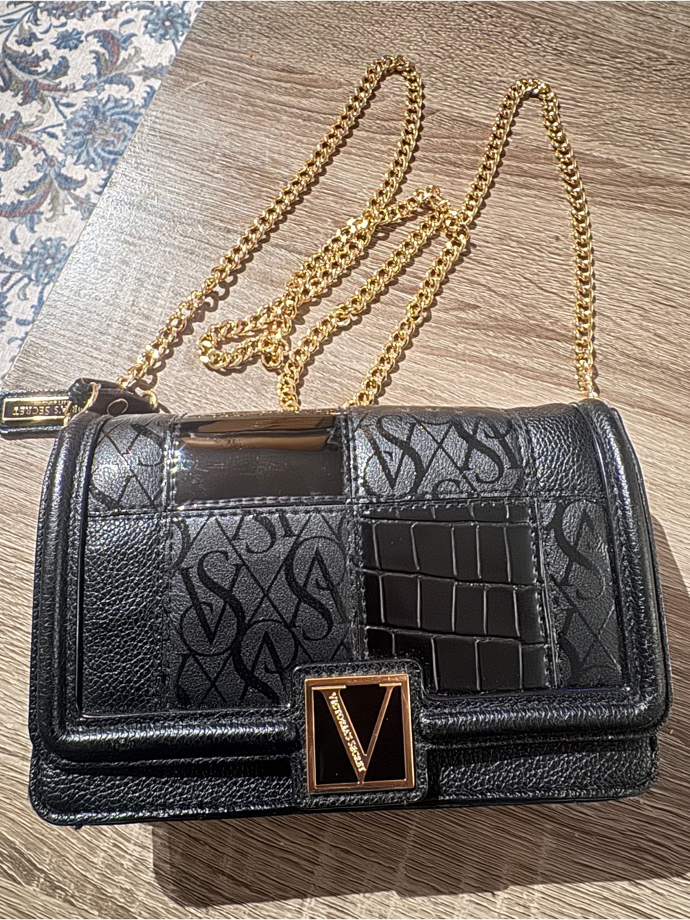 Victoria’s Secret Black Logo and Croc-Embossed Chain Crossbody